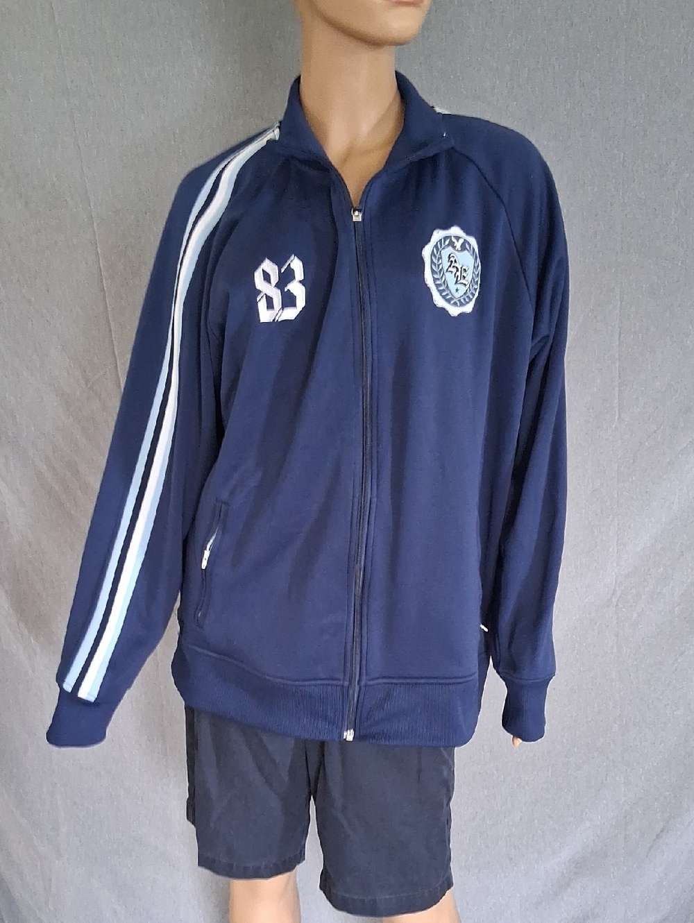 American Eagle Outfitters Navy Zip-Front Track Jacket with White Stripes
